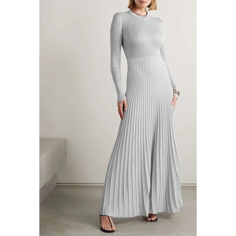 KHAITE Keese Metallic Ribbed-Knit Maxi Dress size XS excellent
